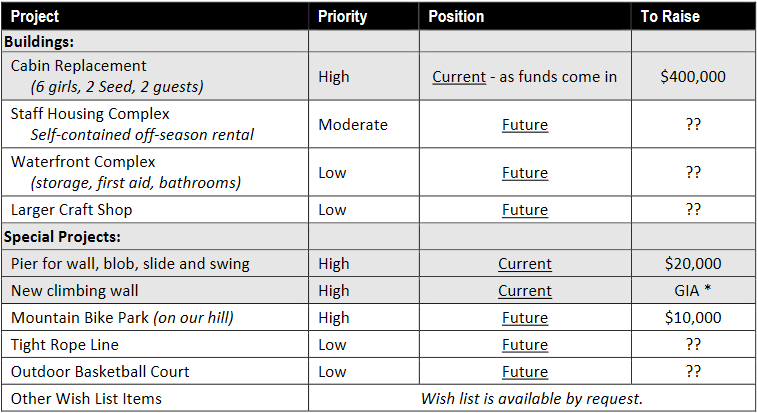 Capital Projects table