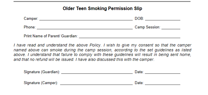 Older Teen Smoking Permission Slip